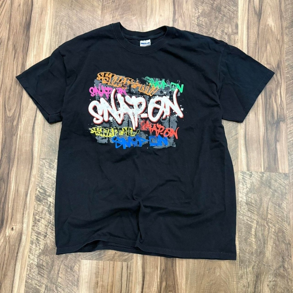 Vintage Y2K Snap-On Tools Workwear Brand Graffiti Graphic Tee Black Multicolor